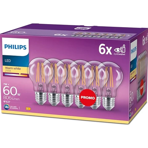 Philips Light Bulb LED Globe Filament Screw E27 Warm White 60W Non-Dimmable 6pcs