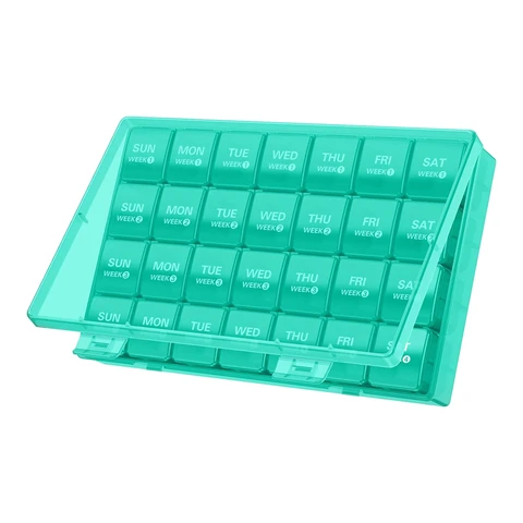 Organiseur Mensuel de Pilules VVM 28 Jours, Grande Boîte à Médicaments 4 Semaines, Boîte à Pilules de Voyage avec Contenant Anti-Poussière pour Pilules/Vitamines/Suppléments, Cyan, 1 Pièce