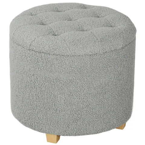 HOMCOM 45cm Round Storage Ottoman, Teddy Fleece Footstool with Removable Lid and Wood Legs, Button Tufted Vanity Stool Grey