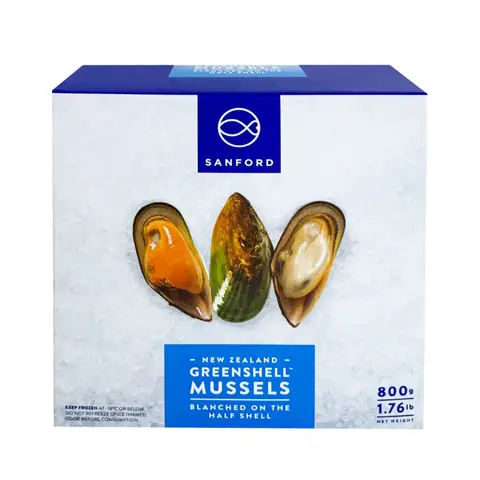 Frozen Greenshell Mussels Half Shell IQF 800g