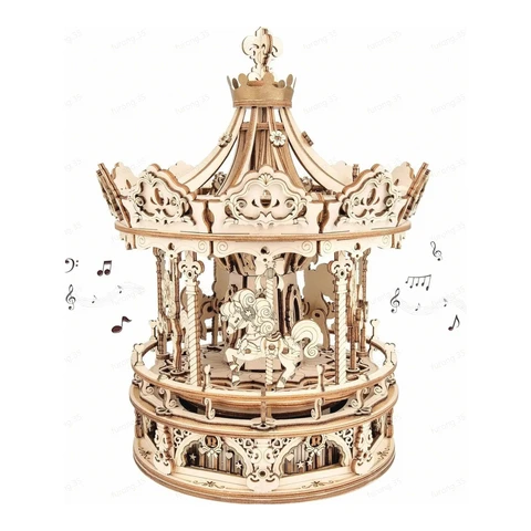 Robotime ROKR Romantic Carousel 3D Wooden Puzzle Building Toys 17x17x23.5cm 1PC,Home decoration, bookshelf decoration,Craft Gifts for Adults and Teens,Educational toys