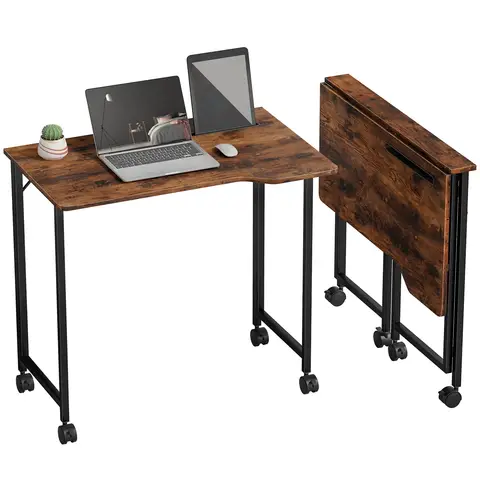 HOMCOM Small Folding Desk, 80 cm Foldable Computer Desk on Wheels for Small Space Rustic Brown