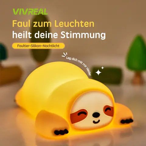 VIVREAL Faultier LED-Nachtlicht A046 – Wiederaufladbar, 3-stufig dimmbar, Typ-C-Ladung, Weiches Silikon, ABS & PP, Warmgelb