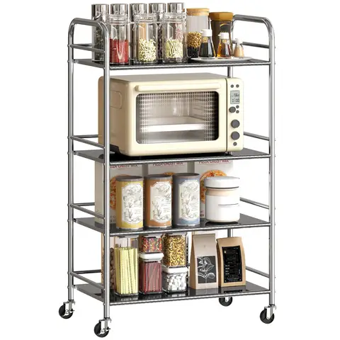 HOMCOM 4 Tier Stainless Steel Storage Trolley with Adjustable Shelves, Serving Trolley with Locking Wheels and Handles, Rolling Cart for Kitchen, Dining Room, Bathroom, Silver