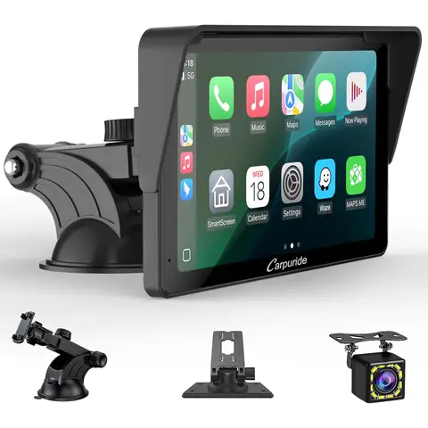 Carpuride Portable Carplay Screen, V3R Wireless Airplay&Android Auto, 7 Inch 1080P HD Touch Screen with Real 720P Backup Camera/BT 5.0/Mirror Link/USB Playback/Noise Reduction Chip AUX