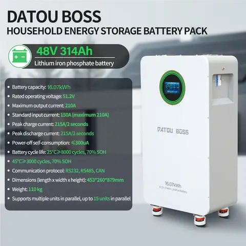DATOUBOSS Akku-Speicher 16,07 kWh 48 V 314 Ah 51,2 V 314 Ah LiFePO4-Batterie Solarzelle Tragbare Energie-Speicher-Batterie