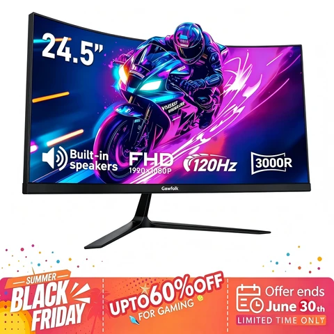 Gawfolk Moniteur PC incurvé, 24,5 pouces, 1K Full HD, 120 Hz, 1 ms MPRT, courbure 3000R, haut-parleurs, AMD FreeSync,  Confort Oculaire, anti-reflets, faible latence, HDMI DisplayPort, VESA 75 x 75 mm, Noir