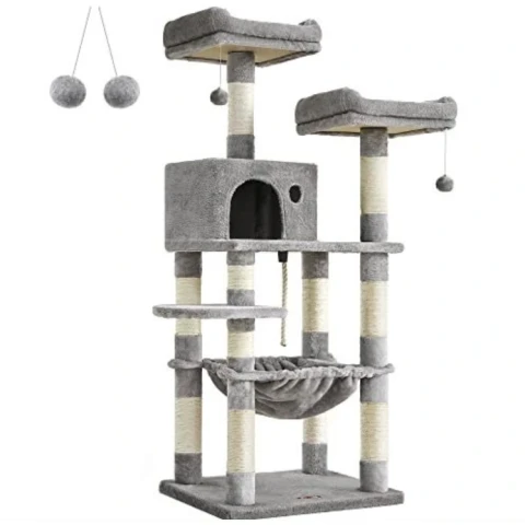 FEANDREA Arbre à chat 143 cm, 2 plateaux de visualisation confortables, gris clair
