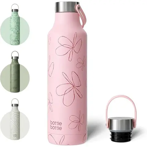 BOTTLE BOTTLE Gourde en acier inoxydable isotherme avec poignée - Rose, motif fleurs, 600ml