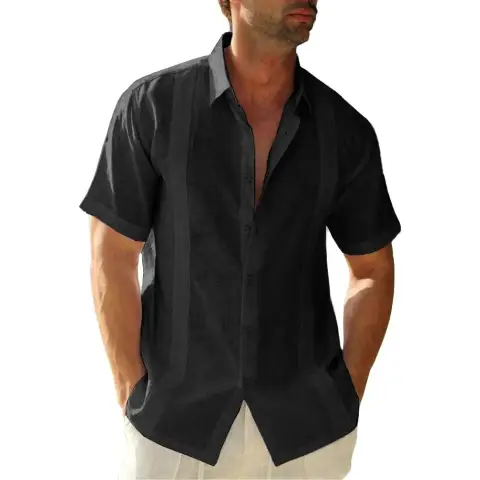 Men's Short Sleeve Cuban Camp Guayabera Shirt Linen Cotton Hippie Beach Button Down Shirts (Black, 3XL)
