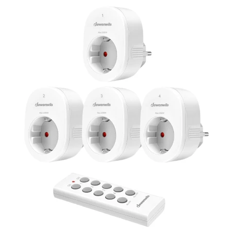 DEWENWILS Radio Sockets with Remote Control, 2300 W Socket with 1 Remote Control, 30 m Range Radio Socket, Set of 4 for Holiday Decoration, Programmable and Expandable, White