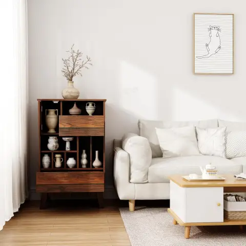 Caldion Kommode mit Flaschenfächern und Türfach, dunkles Holz, MDF, 80×50×40cm