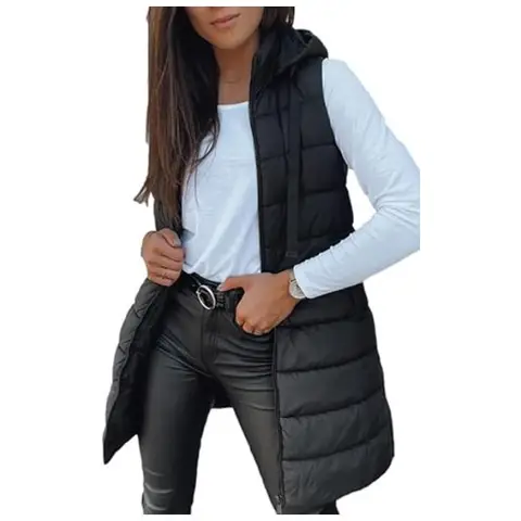 Women Long Vest Solid Color Sleeveless Hood Winter Puffer Vest Outwear (black, S)