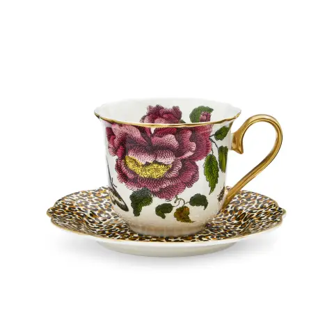 Spode Creatures of Curiosity Fluted Tea Cup and Saucer - White/Leopard