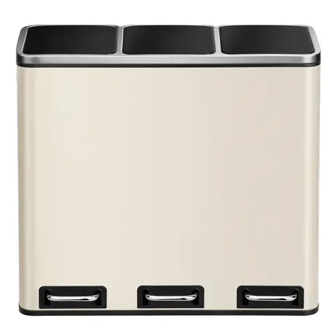 SONGMICSHOME Afvalbak met Drie Compartimenten, 3 x 18L Pedaalemmer voor Keukenafval, Softclose Deksel, Staal, voor Thuis, Beige