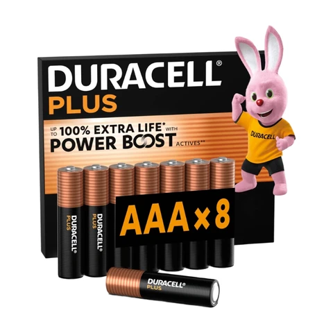 DURACELL Plus Piles AAA (Lot de 8) – Piles Alcalines 1,5 V – Durent jusqu’à 100 % plus longtemps* grâce aux Actifs POWER BOOST** – Fiable pour vos Appareils du Quotidien – Emballage 0 % Plastique – Conservation garantie 10 ans - LR03 MN2400