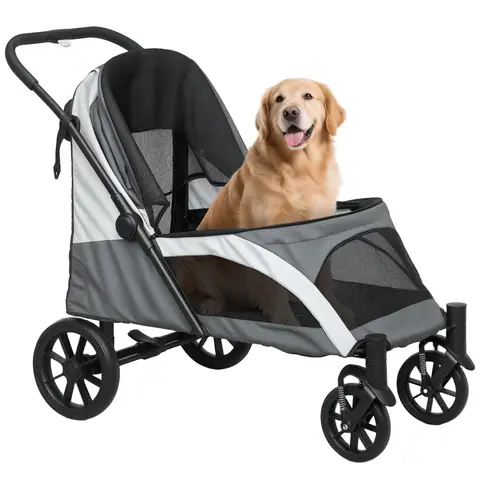 PawHut Dog Stroller, Easy Folding Pet Stroller for Large Dogs, Puppy Pram Pet Pushchair with 4 Big Wheels Dark Grey