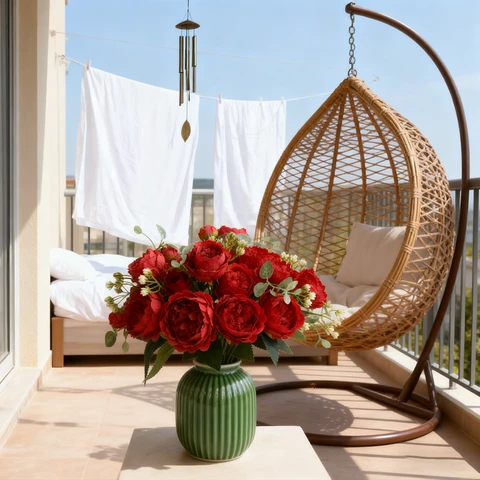 Yuejia Lot de 2 bouquets de fleurs artificielles avec 5 fleurs et 4 bourgeons, longueur 30 cm - Rouge