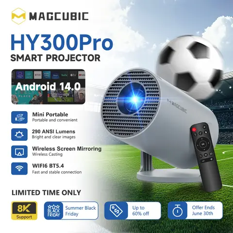 【Lite Entertainment | World Cup】MAGCUBIC Mini Projector 8K 1080P Support With WiFi 6 & BT 5.4 290ANSI Brightness, Android 14, Auto Keystone, 180 Degree Rotation, Portable Projector For Home Theater & Outdoor Movies HY300Pro Grey