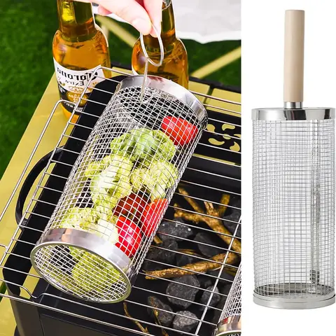 Huacan ronde barbecuekooi, draagbare rook- en grill-emmer van roestvrij staal, draaibare barbecuekoker voor buiten, klein formaat