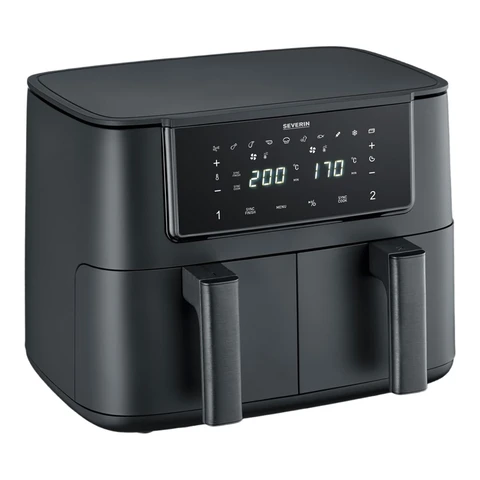 Severin Dual-Zonen-Heißluftfritteuse, 2 x 4 L Fächer, vielseitige Zubereitungsmethoden, Touchdisplay, Warmhaltefunktion, Temperatur einstellbar und synchronisierbar, 10 Programme, 2600 W, Schwarze Linie, FR 2463