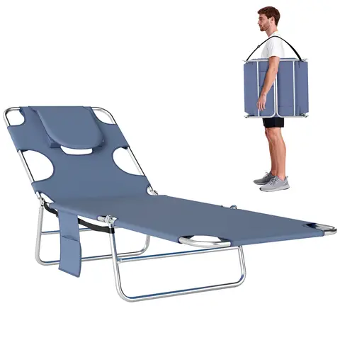 Outsunny Foldable Sun Lounger, Beach Chaise Lounge with Reading Hole, Arm Slots, 5-Position Adjustable Backrest, Side Pocket,