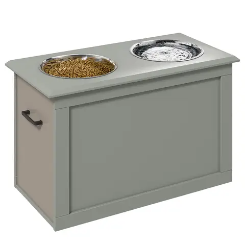 PawHut Raised Dog Bowls, Pet Feeding Storage Station with Two Stainless Steel Bowls, Base, for Large Dogs Grey