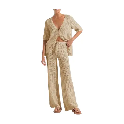 Women's Summer 2 Piece Swimsuit Cover up Crochet Knit Cardigan Tops Long Pants Set Bathing Suit Beach Outfit (lightkhaki, M)
