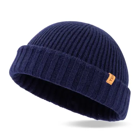 TOP-EX 100% Merino Wool Short Fisherman Beanie Hats for Men Women Warm Winter Hats M/L Navy