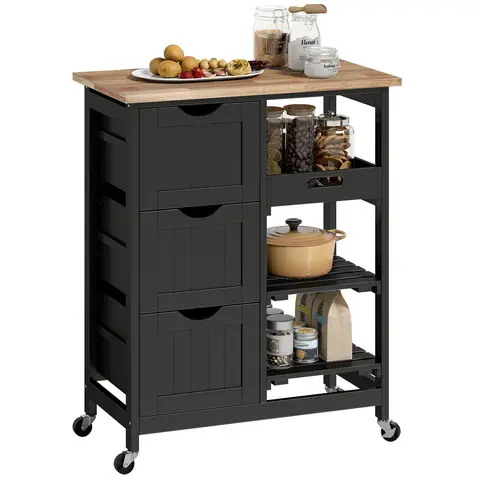 HOMCOM Rolling Kitchen Island Cart, Bar Serving Cart, Compact Trolley on Wheels with Wood Top, Shelves & Drawers for Home Din