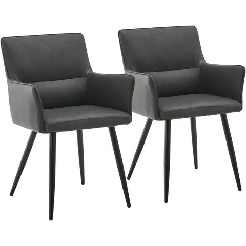 CLIPOP Dining Chairs Set of 2 Grey Faux Leather Padded Kitchen Accent Chair with Armrest and Metal Legs, Lounge Armchair for Living Room Bedroom or Office 0325GY 55*52*83 cm