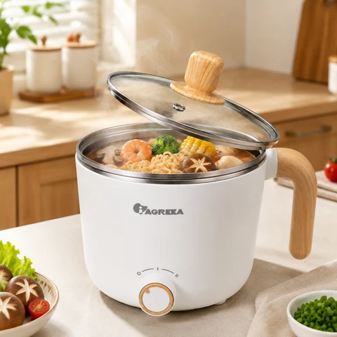 IAGREEA 1,0 L Mini cuiseur électrique, cuiseur multifonction pour fondue et nouilles avec cuve intérieure en acier inoxydable, contrôle double puissance 300 W / 600 W, compact pour soupe, riz, pâtes, ébullition et repas quotidiens MS‑AFX004