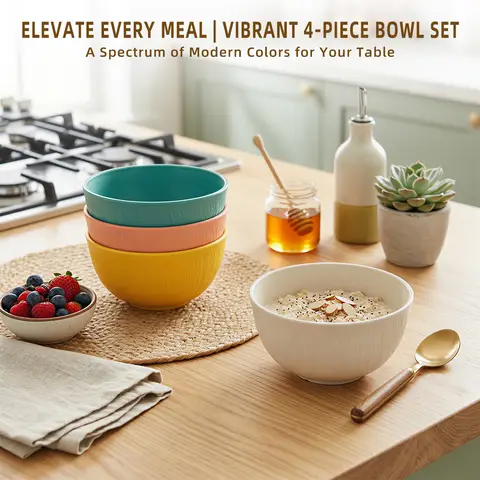 Set of 4 Wheat Fiber Bowls, Eco-Friendly 500ml Soup Cereal Bowls, Dishwasher Safe Dinnerware