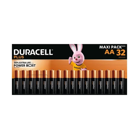 DURACELL Plus Piles AA (Lot de 32) – Piles Alcalines 1,5 V – Durent jusqu’à 150 % plus longtemps* grâce aux Actifs POWER BOOST** – Fiable pour vos Appareils du Quotidien – Emballage 0 % Plastique – Conservation garantie 10 ans - LR6 MN1500