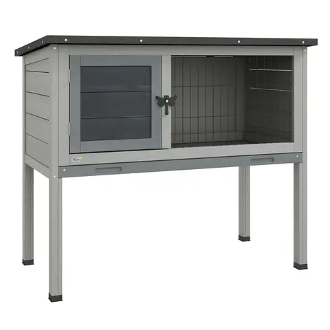 Pawhut Wooden Guinea Pig Hutch, Small Animal Cage with Slide-out Tray, Openable Asphalt Roof, 84 x 43 x 70cm, Grey