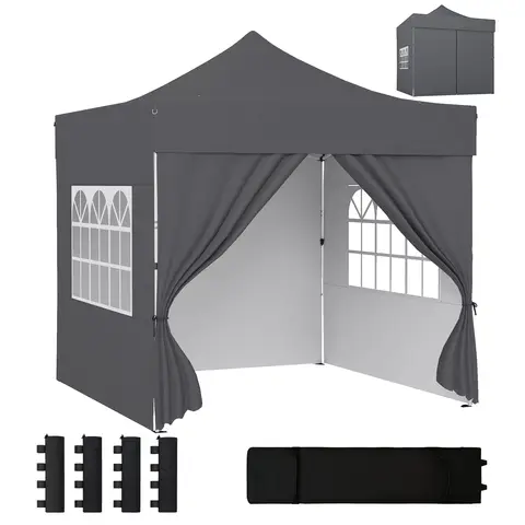 Outsunny 3 x 3 m Pop Up Gazebo with Sidewalls, UPF50+ Heavy Duty Outdoor Garden Party Tent Marquee Wedding Awning Canopy Instant Event Shelter with 4 Sandbags, Wheeled Carry Bag, Dark Grey