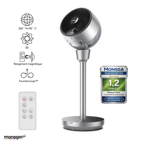 Monsga AC300 Ventilateur sur Pied, Air Circulator 3D, Oscillation 120°+90°, 5 Vitesses, 3 Modes, Silencieux 20dB, Télécommande, Minuterie 8H