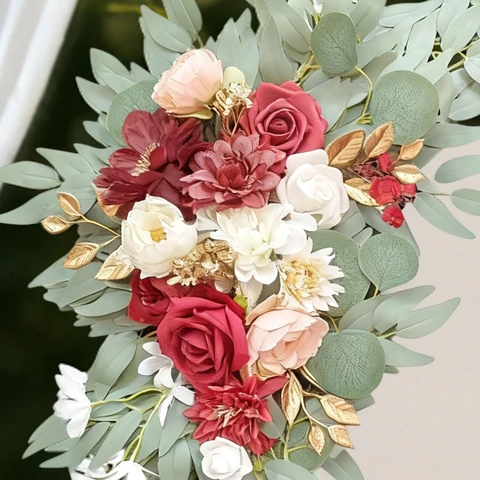 Wei's Moment Wedding Arch Flowers (Pack of 1), Artificial Burgundy Wedding Flowers for Wedding Welcome Signs Decorations and Arch Flower for Wedding Ceremony Reception (Burgundy & Blush)