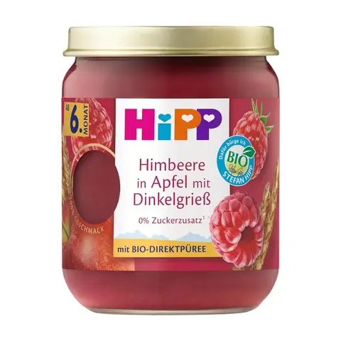 HiPP Bio Frucht und Getreide Himbeere in Apfel mit Dinkelgrieß, ab dem 6. Monat, 160g 6er Pack (6x160g)