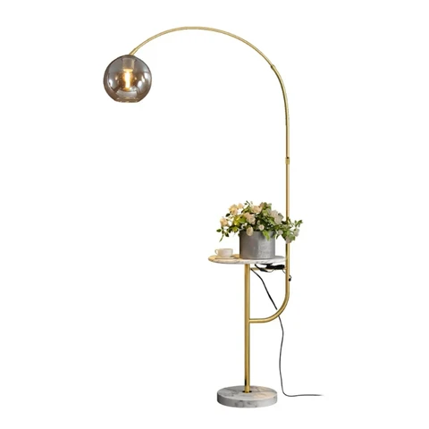 Homary Modern Gold Arc Floor Lamp for Living Room with Shelf & Wireless Charger & USB
