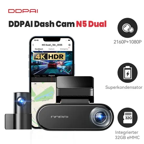 DDPAI N5 Dual 4K Dash Cam Front and Rear, 2160P+1080P Car Dash Camera, GPS 5G WiFi Dashcam, Built-in 32GB eMMC, Night Vision, Support 24 Hour Parking Mode, Smart App