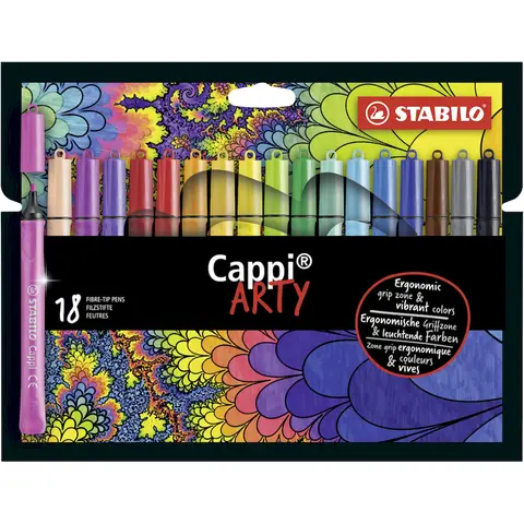 STABILO Cappi - Fibre-Tip Pen with Cap-Ring - ARTY - Pack of 18 - Assorted Colours with 2 Cap-Rings