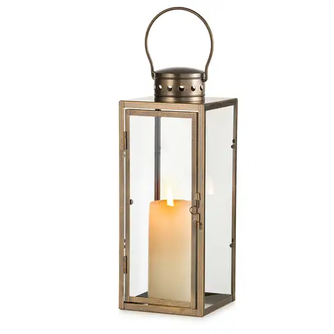 Large Lanterns Decorative Outdoor: 13.8 inches Tall Rustic Floor Metal Lantern with Glass - Vintage Gold Candle Holder for Wedding Christmas Fireplace Table Porch Door Garden