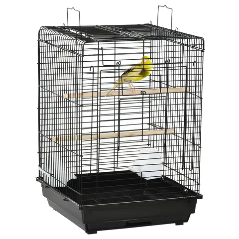 PawHut Bird Cage Parrot Cage Budgie Cage 59cm with Openable Top, Stand, Tray, Handles, Feeding Bowls for Parakeet, Finch, Black