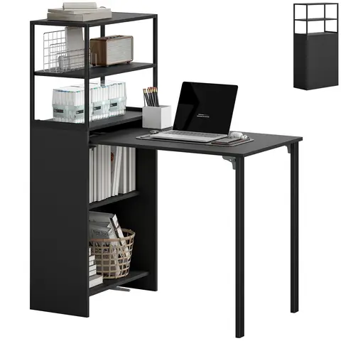 HOMCOM Folding Computer Desk with 4-Tier Bookshelf, Space-Saving Multifunctional Small Office Desk Black
