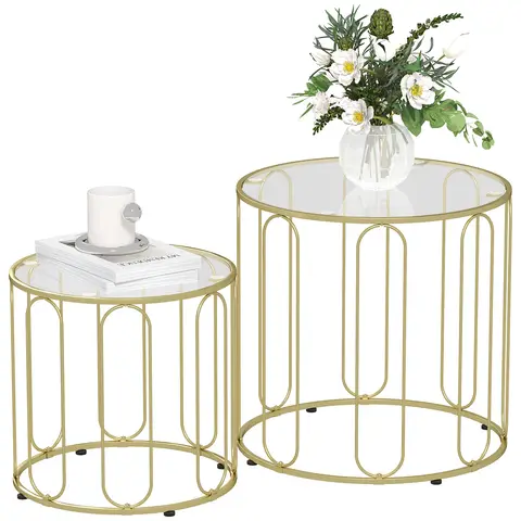 HOMCOM Round Coffee Table Set of 2, Glass Nest of Tables with Metal Frame and Glass Tabletop for Living Room Gold Tone