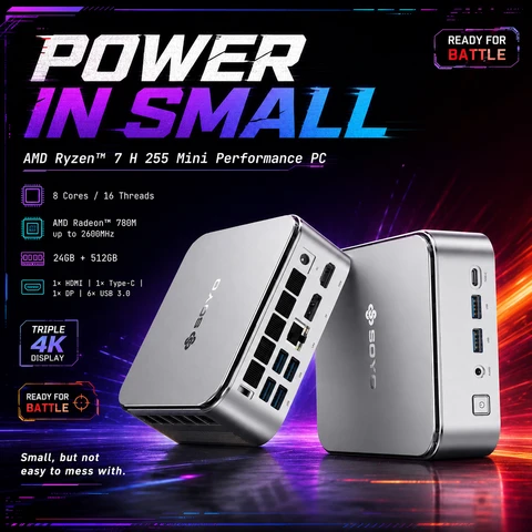SOYO S4PLUS Mini PC Ryzen 7 H 255 (8C/16T, bis zu 4,9 GHz) Mini Desktop Computer 24 GB LPDDR5 RAM 512 GB PCIe3.0 SSD, Micro PC W11 Radeon 780M/6xUSB3.2/1x2,5G LAN/4K 120 Hz