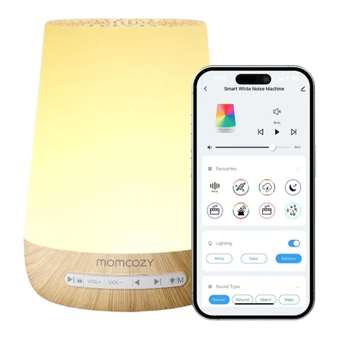 Momcozy Baby Sleep White Noise Machine (with Night Light), Toddler Sleep Trainer, 34 Built-in Soothing Sounds, Timer, APP Remote Control, Personalized Sleep Mode (Wood Grain), gifts for mom