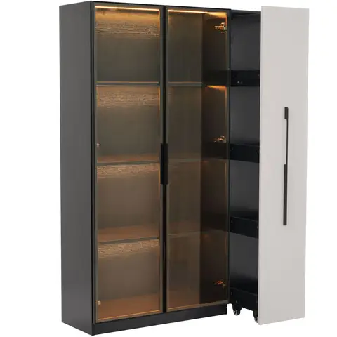 Multifunctionele kast 110,5×35×160 cm - displaykast met glazen deur en LED-verlichting, zijlade, opbergkast op wielen - design in wit en zwart
