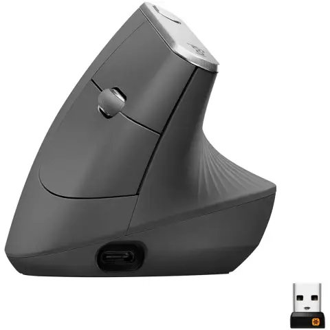 Logitech MX Vertical, Ergonomische kabellose Maus, Bluetooth und 2,4 GHz Verbindung über Unifying USB-Empfänger, 4000 DPI Sensor, wiederaufladbarer Akku, 4 Tasten, Multi-Gerät, PC/Mac/iPadOS - Graphit